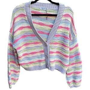 Womens Medium Cardigan Sweater Pastel Striped Open Knit Cropped Easter Spring